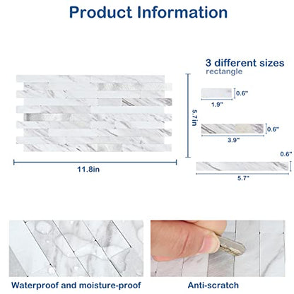 Midcard 20 Sheet Peel and Stick Backsplash, White Marble PVC Wall Tile for Kitchen Backsplash - color: White Marble With Metallic Silver, size: 20