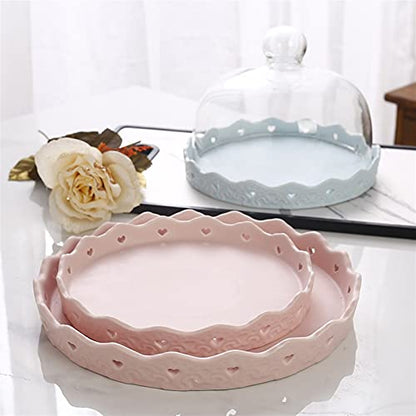 Food Covers,Splatter Covers,Cake Stands, 8 and 10 Inch Pink Lace Ceramic Discs with Lids, Birthday Party Dessert PlatesFruit Dome Keep Fresh Dome Cover Pastry Photo Props - size: 26.4cm