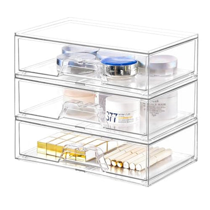 3 Pack Stackable Makeup Organizer, 12.1''L Acrylic Bathroom Organizer and Storage Undersink Drawer, Cosmetics and Beauty Supplies,Clear Plastic Storage Bins for Vanity,Pantry,Desk,Cabinet,Kitchen - style: 3pack Wide