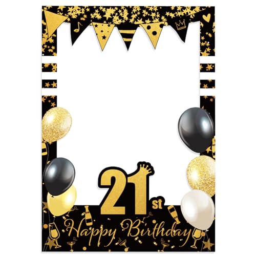 21st Years Old Birthday Photo Frame Black Gold 21th Birthday's Theme DIY Funny Handheld Paper Photo-Props Background Photography for Birthday Party Decoration Supplies - color: 21th Birthday Party Photobooth Props