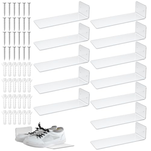 12 Pieces Floating Shoe Racks, 9 X 3 Inch Clear Acrylic Floating Shoe Display Shelves with Screws and Anchors, for Wall, Great for Bedroom, Gaming Room, Sneaker Collection