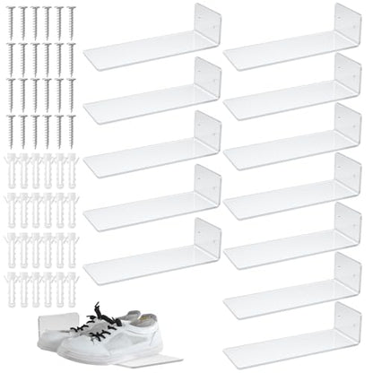 12 Pieces Floating Shoe Racks, 9 X 3 Inch Clear Acrylic Floating Shoe Display Shelves with Screws and Anchors, for Wall, Great for Bedroom, Gaming Room, Sneaker Collection