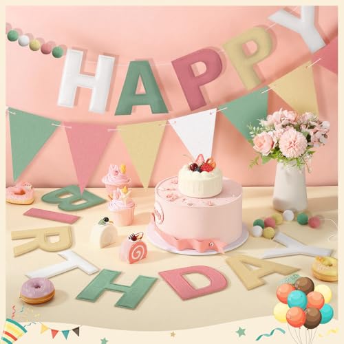 Oudain 2 Pack Pre-strung Felt Happy Birthday Banner Party Decorations Reusable Morandi Boho 3D Pom Pom Ball Birthday Garland with Triangle Pennant Flags for Home Wall Bday Photo Backdrop(Retro) - color: Retro