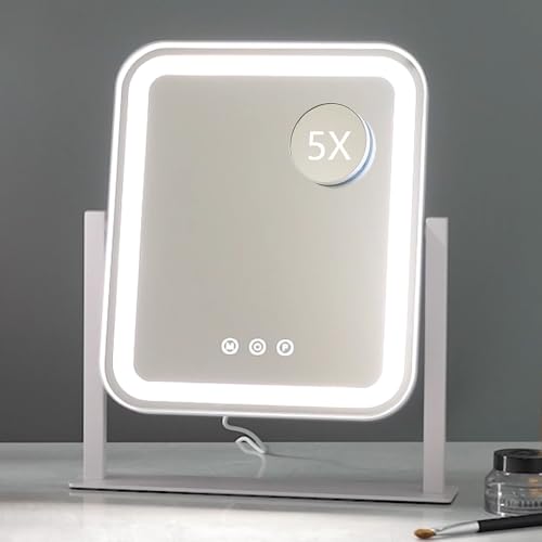 HIEEY Vanity Mirror with Lights, 14.1" x 12" Makeup Mirror with Lights, Three Color Lighting Modes, and 5X Magnification Mirror, Smart Touch Control, 360°Rotation (White,Gift Box) - style: 14.1" x 12" (78 LED)