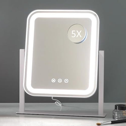 HIEEY Vanity Mirror with Lights, 14.1" x 12" Makeup Mirror with Lights, Three Color Lighting Modes, and 5X Magnification Mirror, Smart Touch Control, 360°Rotation (White,Gift Box) - style: 14.1" x 12" (78 LED)