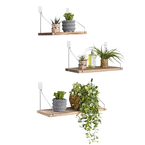 Floating Shelves Set of 3 Rustic Solid Wood Floating Shelf Wall Storage Shelves for Living Room, Bedroom, Bathroom, Kitchen Laundry, Office,no Drill Shelf (Light Color L+M+S) - color: Light Color, size: L+M+S