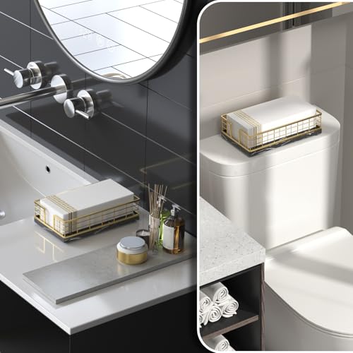Wican Marble Guest Towel Holder Tray for Bathroom, Napkins Holder for Powder Room Dinning Table Wooden Basket for Disposable Paper Hand Towels Gold and Marble Black - color: Gold/Marble Black, size: 9.06 x 5.51 x 2.56 inchs