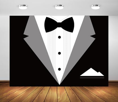 BELECO 5x3ft Fabric Gentleman Tuxedo Backdrop Black and White Bow Tie Suit Background Luxury Birthday Dinner Party Decor Banner Boy Men Father Bridegroom Photoshoot Studio Booth Props - size: 5x3FT