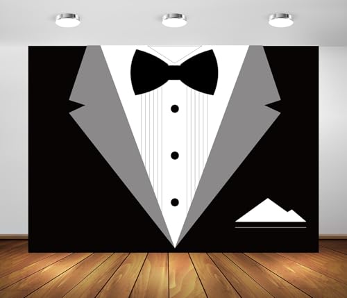 BELECO 10x8ft Fabric Gentleman Tuxedo Backdrop Black and White Bow Tie Suit Background Luxury Birthday Dinner Party Decor Banner Boy Men Father Bridegroom Photoshoot Studio Booth Props - size: 10x8FT