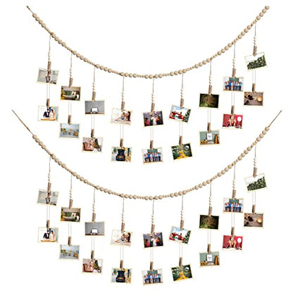 Kathfly 2 Pcs Hanging Photo Display with 36 Wood Clips DIY Boho Collage Picture Frame Wooden Beads Garland Hanging Picture Holder 3.61 ft Rustic Photo Wall Decor for Dorm Bedroom Nursery