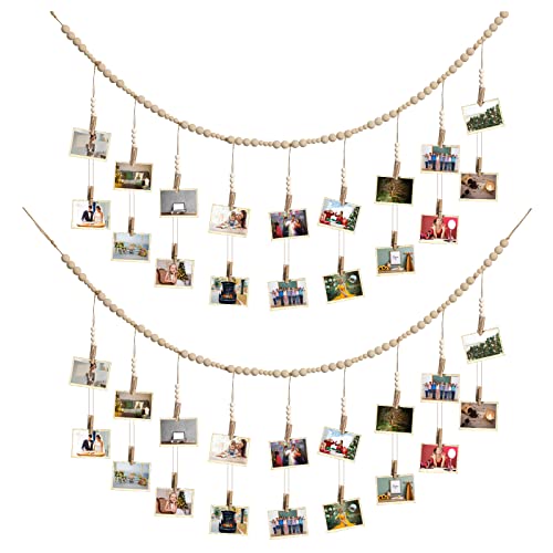 Kathfly 2 Pcs Hanging Photo Display with 36 Wood Clips DIY Boho Collage Picture Frame Wooden Beads Garland Hanging Picture Holder 3.61 ft Rustic Photo Wall Decor for Dorm Bedroom Nursery