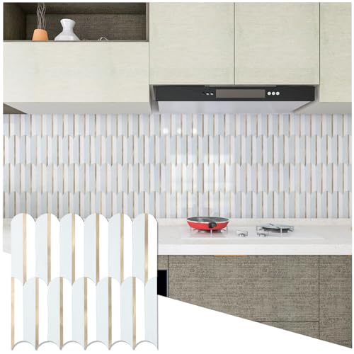 OYAISIMI 10 Sheets Seamless Peel and Stick Backsplash Tile for Kitchen,Polished White and Dolomite PVC Mixed Light Gold Self Adhesive Fish Scale Metal Mosaic Tiles - color: Glossy Dolomite+Glossy White+Light Gold