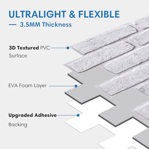 COMSTICKC 3D White Faux Brick Wall Panel Peel and Stick Wall Covering, 12 Pcs of 22.8" x 11.8", 3D Brick Wall Stickers, UrltraLight PVC Adhesive Brick Decorative Tiles, 22.48 sq.ft - color: Retro-White