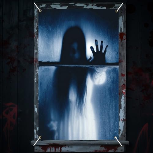 Nuxovilar Halloween Window Decorations, Veiled Ghost Clawing Through Halloween Window Cover for Indoor, Party, Haunted House, 31.5x47.3 Inches - color: LU90010