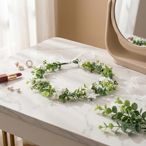 UPSTORE Bohemian Bridal Flower Crown Eucalyptus Leaf Headband with Ribbon Boho Floral Headpices Hair Accessories for Women Girls Wedding Festival Birthday Photo Prop