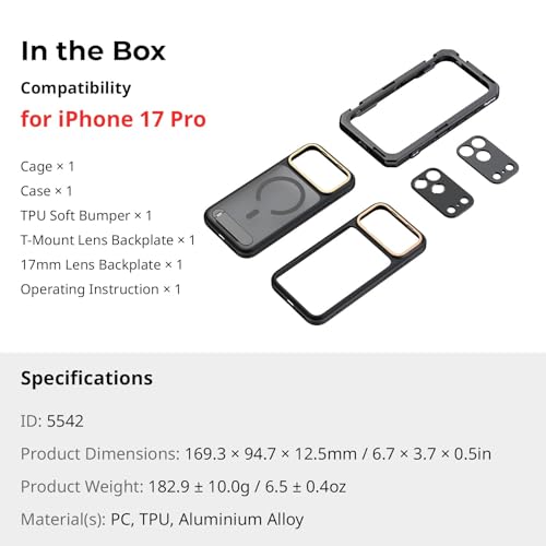 SMALLRIG Mobile Video Cage for iPhone 17 Pro, with Phone Case/TPU Soft Frame/T-Mount & 17mm Threaded Lens Backplate, Phone Video Rig for Videography Recording Vlog, Flagship Edition - 5542 - style: Flagship Cage