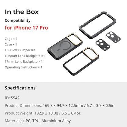 SMALLRIG Mobile Video Cage for iPhone 17 Pro, with Phone Case/TPU Soft Frame/T-Mount & 17mm Threaded Lens Backplate, Phone Video Rig for Videography Recording Vlog, Flagship Edition - 5542 - style: Flagship Cage