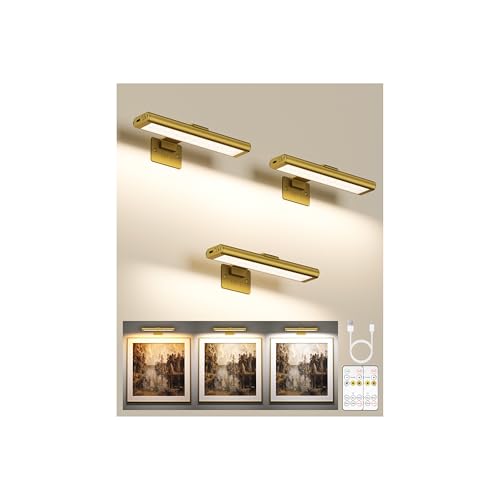 EZVALO Picture Light for Wall, Rechargeable 2400mAh Battery Lights Wireless with IR Remote, 3 Color & Dimmable Magnetic 7.87'' LED Lights Display for Painting, Living Room, Gallery, Bedroom(Gold-3P) - color: Gold, size: 3Pack-7.8in