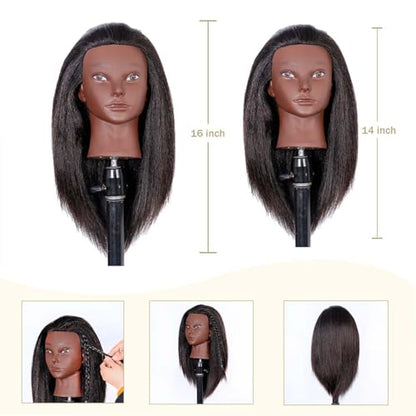 Mannequin Head Human Hair, 16inch, with 100% Human Hair, Cosmetology Doll Head for Hairdresser Practice Braiding Hair Styling, with Table Clamp Stand and Tools