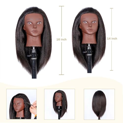 Mannequin Head Human Hair, 16inch, with 100% Human Hair, Cosmetology Doll Head for Hairdresser Practice Braiding Hair Styling, with Table Clamp Stand and Tools