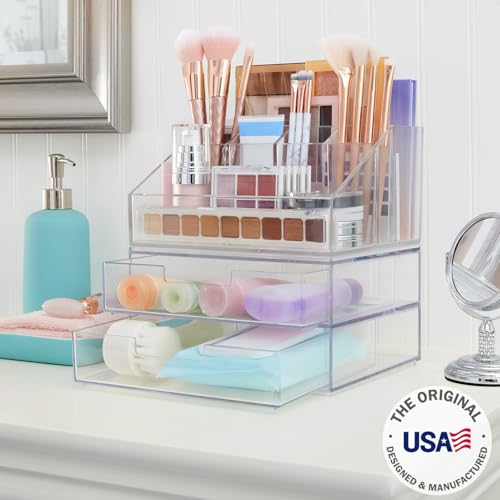 STORi Chloe Stackable Makeup Holder & Drawer Organizer Set, Clear, BPA-Free Plastic, Made in USA, Organize Brushes, Cosmetics & Beauty Essentials - style: Organizer & Drawer Set