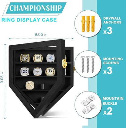 Championship Ring Display Case 12 Ring Posts, Sports Ring Wooden Shadow Box with HD Grass Door 98% UV Protection, Wall Mount Rings Holder for Baseball Basketball Award Rings Champion Souvenirs - size: Sports Ring Display Case-Natural