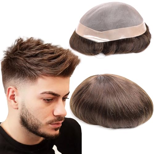 Toupee for Men Brown System Male Hair Unit European Human Hair Pieces 6x8 Prosthesis Replacement Units for men #3 Dark Brown Natural Hairline Protesis Capilar Durable Mens Toupee For Bald Men - color: 3# brown color - Mono NPU, size: 6x8 Inch