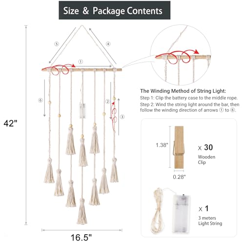 Mkono Hanging Photo Display Boho Macrame Wall Decor with Light, Teen Girl Teenage Gifts, Pictures Cards Frame Holder Art Hanger for Christmas Birthday Party Bedroom Dorm, with 30 Wood Clips, Ivory - color: Ivory