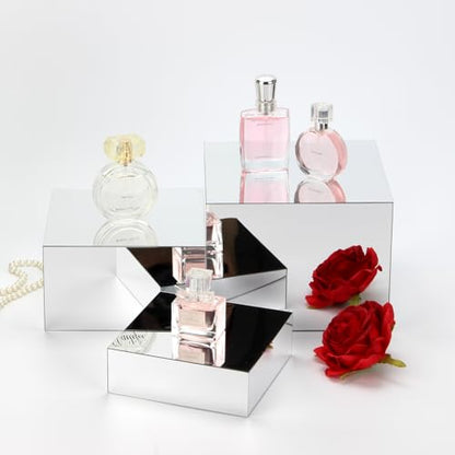 Acrylic Silver Mirror Display Riser, 3 Pcs Glossy Silver Risers for Display Food Display Lifter Nesting Display Risers Hollow Bottom, Acrylic Box Rack Perfume Cosmetics Collection Stand - color: Silver
