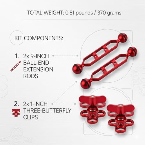 9-inch Double Ball Aluminum Extension Arm Set, 1-inch Ball with Three-Hole Butterfly Clamp, Saltwater-Grade Corrosion and Rust Resistant, for Underwater Strobes/Video Lights/Camera Rigs