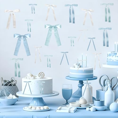 48Pcs Blue Bow Wall Decor, Satin Ribbon Bow Birthday Decorations Photo Backdrop Party Decor for Birthday Baby Shower Bachelorette Wedding Party Room Bedroom - color: Blue