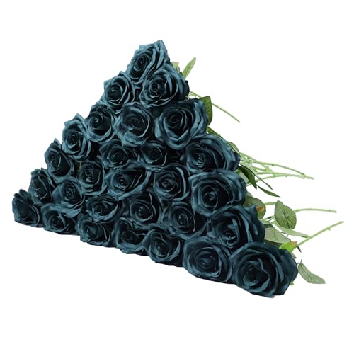 LVEFIT 30pcs Artificial Rose Flower Dark Green Rose Emerald Green Flower with Long Stem Silk Roses Bouquet for Wedding Bridal Shower Party Home Decoration - color: Emerald Green, size: 30pcs
