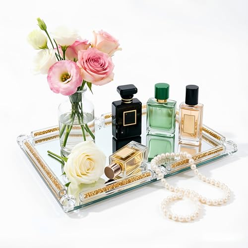 Gold Glass Tray, 11.8" x 7.9" Decorative Crystal Glass Cosmetic Perfume Display Tray for Gorgeous Dresser Countertop,Noble Jewelry Organizer with Diamond for Home Decor,Banquet Party - color: S Golden
