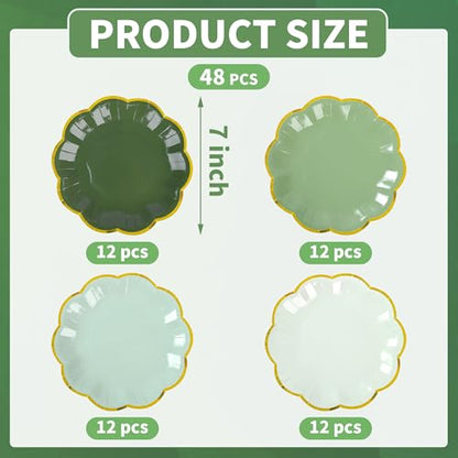 AimFun Sage Green Party Plates Gradient Green Dessert Paper Plate 7inch Gold Foil Scalloped Edge Disposable Cake Plates for Christmas Birthday Bridal Baby Shower Wedding Party Supplies (48) - color: Sage Green