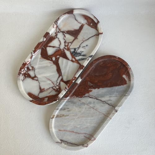 Natural Marble Oval Tray Ornaments Vintage Small Tray Storage Dish for Counter, Vanity, Dresser, Nightstand and Desk (Calacatta Red) - color: Calacatta Red