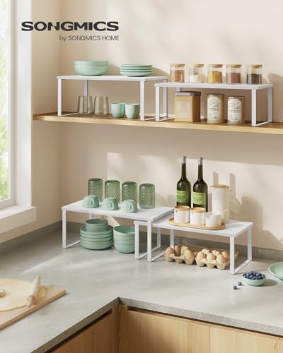 SONGMICS Cabinet Organizer Shelf, Set of 2 Kitchen Counter Shelves, Kitchen Storage, Spice Rack, Stackable, Expandable, Metal and Engineered Wood, Cloud White and Snow White UKCS025W01 - color: Cloud White + Snow White, size: 15.6"W