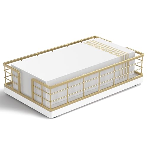 Wican Guest Towel Holder Tray for Bathroom, Oak and Iron Napkins Holder for Powder Room Dinning Table Wooden Basket for Disposable Paper Hand Towels Gold and White - color: Gold/White, size: 9.06 x 5.51 x 2.56 inchs