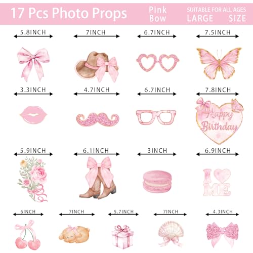 Pink Bow Party Decorations Photo Booth Props - 16 Pieces, Bow Themed Party Decorations for Girls Women Baby Shower Birthday Supplies
