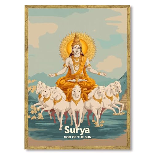 Framed Surya God of The Sun Poster Canvas Print Art Vintage Wall Art Painting Pictures Wall Decor Elegant Art Print Home Decor Living Room Office Decoration (Gold Framed,12L x16W)