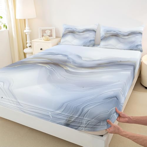 Erosebridal Light Blue Marble Twin Bed Sheets Watercolor Tie Dye Marbling Fitted Sheet,Luxury Fluid Ink Kids Bedding Sets Minimalist Marble Texture Sheets with 1 Pillowcase - color: Pale Blue, size: Twin(No Top Sheet)