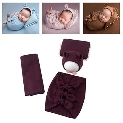Newborn Baby Boy Girl Photography Props Bow Wrap, Posing Aid, Hat and Blanket Set of 4 Pcs - color: Purple Red