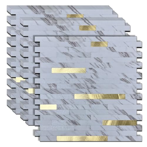 10-Sheet Peel and Stick Backsplash Tile, PVC Mixed Metal Stick on Kitchen, Bathroom Vanities, Fireplace Décor, Laundry Table (White Marble + Golden-2) - color: White Marble + Golden-2
