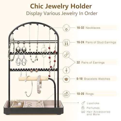 Saydear Multi-Functional Jewelry Holder Organizer Necklace Display Stand Velvet Lined Bar for Rings 2 Tier with 18 Hooks, 32 Earring Holes - Sturdy and Durable, Easy Organization Black - color: Black V1.0