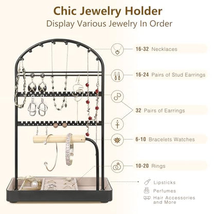 Saydear Multi-Functional Jewelry Holder Organizer Necklace Display Stand Velvet Lined Bar for Rings 2 Tier with 18 Hooks, 32 Earring Holes - Sturdy and Durable, Easy Organization Black - color: Black V1.0