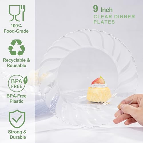U-QE 100 Pieces Clear Plastic Plates - 9 Inch Clear Disposable Plates - Washable & Reusable - Premium Hard Plates - Party Supplies for Birthdays, Celebrations, Travel, Wedding, Party and Events - color: 9Inch-100pcs-Clear