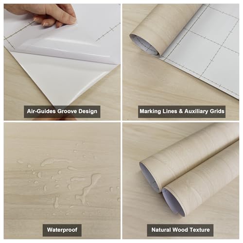 31.5"x157" Faux Beech Wood Peel and Stick Wallpaper Self Adhesive No Bubble Removable Beige Wood Grain Contact Paper Wall Stickers Extra Wide Cabinet Film Vinyl Wrap for Countertop Furniture - color: Beige, size: 31.5" x 157"