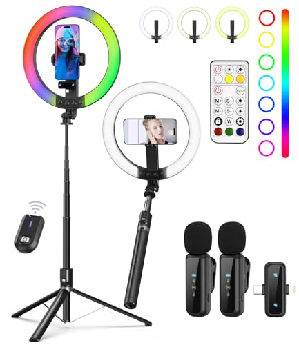 Yeaki Vlogging Kit for iPhone/Android - 10" Selfie Ring Light with 74" Tripod Stand & Phone Holder, Tripod for iPhone with Light and Microphone, YouTube Starter Kit for TikTok/Makeup/Content Creator