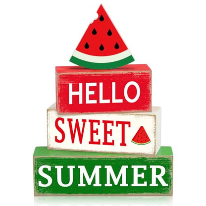 GlikCeil 4 Pcs Summer Watermelon Wood Block Table Sign Watermelon Table Decorations Centerpieces Farmhouse Rustic Tiered Summer Tray Decor for Home Office Desk Kitchen Shelf Decor - style: Watermelon