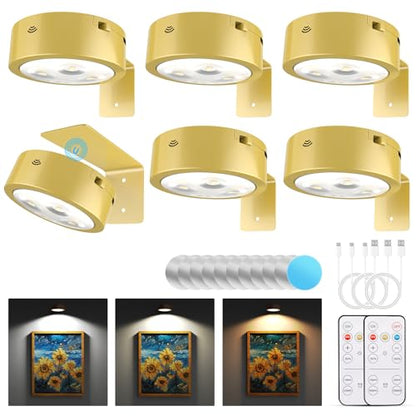 Narotood 6 Pack Picture Lights for Wall, Rechargeable Battery Operated Wall Lights, Picture Frame Lights with 3 Lighting Modes, Wireless Magnetic Painting Light with Remote Control Timer, (Golden) - color: Golden, size: 6 Pack