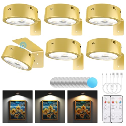 Narotood 6 Pack Picture Lights for Wall, Rechargeable Battery Operated Wall Lights, Picture Frame Lights with 3 Lighting Modes, Wireless Magnetic Painting Light with Remote Control Timer, (Golden) - color: Golden, size: 6 Pack